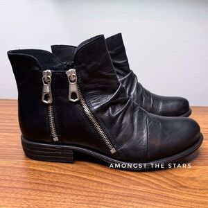 Miz Mooz Logic Wide Double Zipper Black Leather Ankle Boots